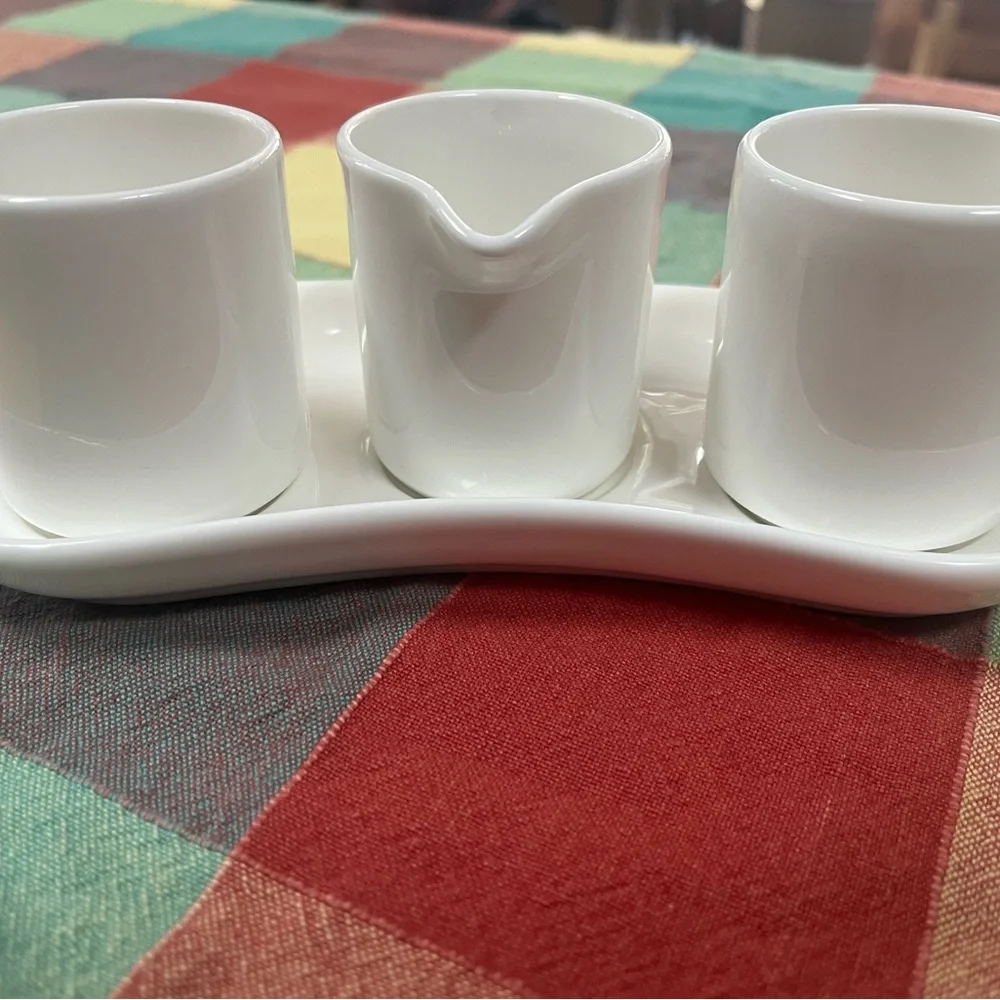 White Ceramic 3-Piece Serveware Set - Trio Dishes with Sauce Pourer
